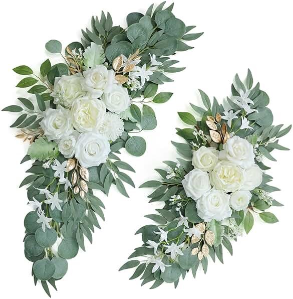 Udoula Artificial White Wedding Arch Flower Swags Set of 2 for Welcome Signs, Reception and Ceremony Decorations - Gold Floral Decor - Product Image