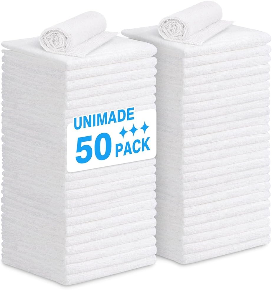 UNIMADE Shop Towel Rags, 50 Pack Reusable Shop Rags Bulk Microfiber Cleaning Cloth Lint Free Cleaning Towels for Car Kitchen Automotive Bar Mechanic Restaurant Garage, 11.5"x 11.5", White - Product Image
