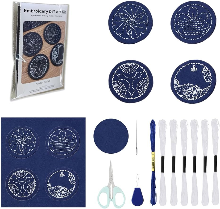 4 Set Sashiko Coasters DIY Kit with Pattern, Embroidery Starter Kit with Instructions for Beginners, Sashiko Kit, Round Sashiko Embroidery Coasters for Tea Table Home Decoration Housewarming Gift - Product Image
