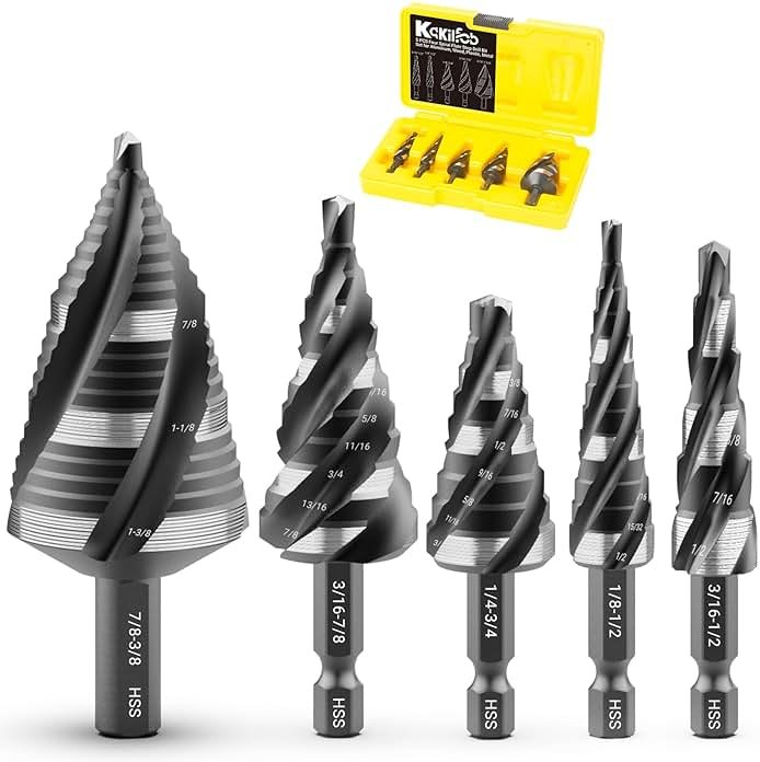 KAKILFOB Four Spiral Flute Step Drill Bit Set, 5 Pieces 1/8"-1-3/8" HSS Unibit Step Drill Bit, 1/4" and 3/8" Shank Step Bits for Metal, Aluminum, Wood, Plastic - Product Image