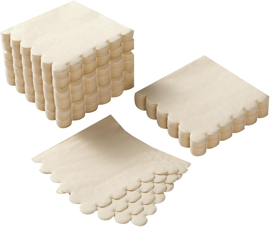 100 Pack Cocktail Napkin 2-Ply Scalloped Edged Dessert Napkins Folded 5 x 5 Inches Disposable Napkins for Dinner Wedding Birthday Party Bridal Anniversary Reception Event (Milky-White) - Product Image