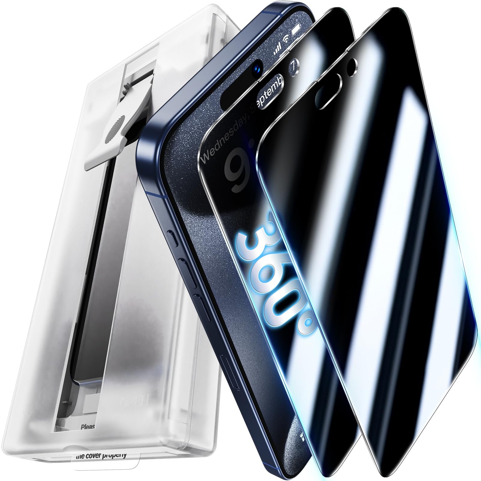 UniqueMe 2 Packs for iPhone 15 Pro Privacy Screen Protector - 360°Anti-Spy 4way Tempered Glass Screen Protector 15 Pro Zero Bubble Case Friendly [Automatic Dust Removal] - Product Image