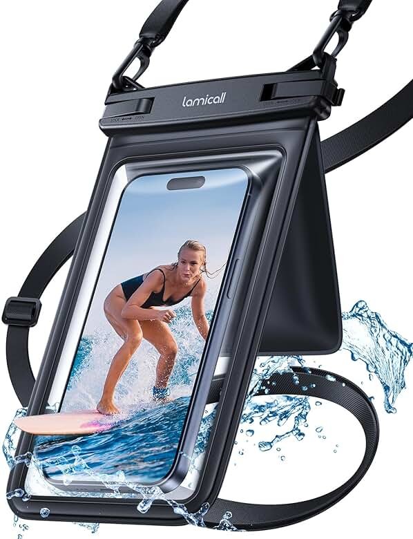 Lamicall Double Pocket Waterproof Phone Pouch - IPX8 Dry Bag - Privacy Storage for Card & Key - Cruise Ship, Beach Essentials for iPhone 17 16 15 14 13 Pro Max, Galaxy S25, for Bulky Cases up to 7.5" - Product Image