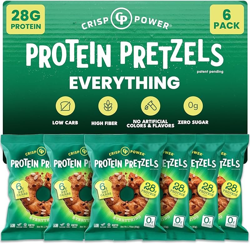 CRISP POWER Protein Pretzels, Everything, 28G Protein, High Protein Snack, High Fiber, Low Carb Crunchy Pretzel Snacks, No Added Sugar, 1.75 oz Bags, 6 Pack, Vegan, Keto - Product Image