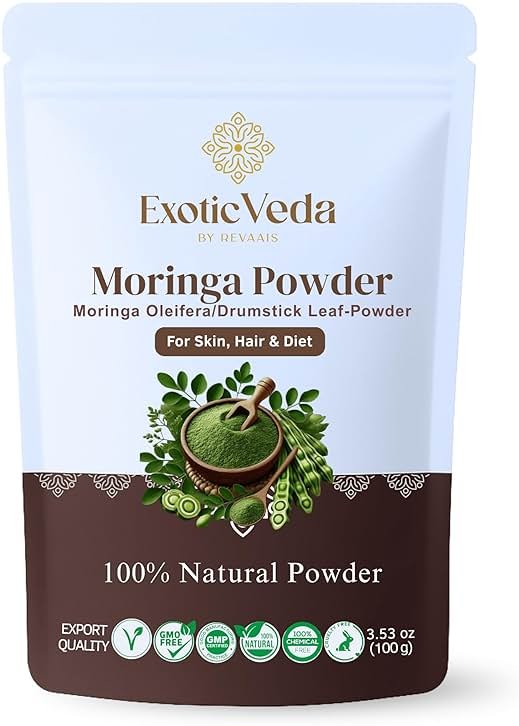 Exotic Veda Moringa Powder 100g (3.52oz) | 100% Pure & Natural Superfood | Nutrient-Rich, Antioxidant-Packed | Vegan & Gluten-Free | for Smoothies, Teas, Soups & Daily Wellness - Product Image