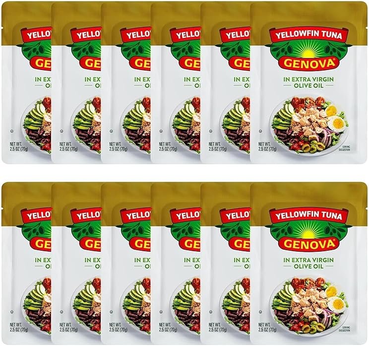 Genova Premium Yellowfin Tuna in Olive Oil, 2.5 Ounce Packets, 12-Pack – Nutrient Rich, High Protein Tuna Packets - Delicious, Easy, Nutritious Ready to Eat Meals - Product Image