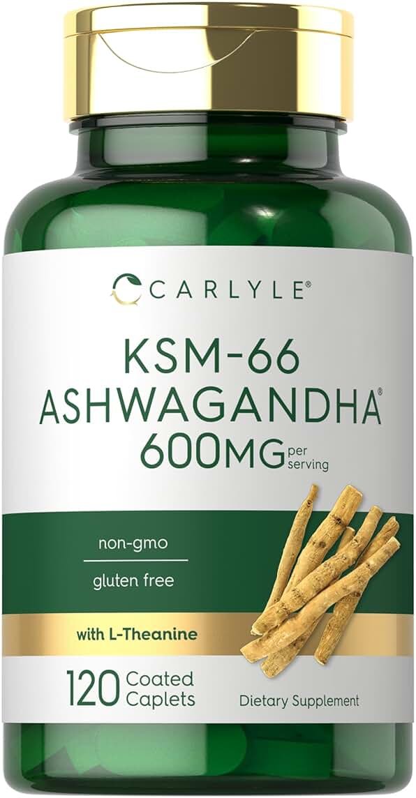 Carlyle KSM-66 Ashwagandha Root Extract 600mg | 120 Vegan Caplets | Supplement with L-Theanine | Non-GMO, Gluten Free - Product Image