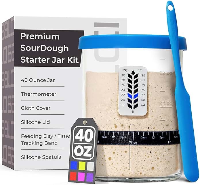 Premium Sourdough Starter Jar - 40oz Large Sourdough Jar with Marked Feeding Band, Scraper, Cloth Cover and Silicone Lid/Base, Wide Mouth Starter Kit - Blue - Product Image