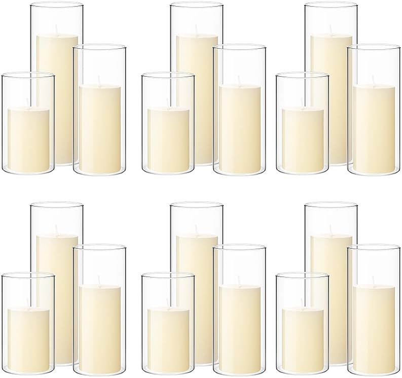 Shihanee 36 Pcs Pillar Candles and Glass Cylinder Vases Tall Cylinder Holders for Pillar Candles Wedding Centerpieces, Total 18 Sets(2.6'' X 4.7'', 5.9'', 7.9'',Clear,Ivory) - Product Image