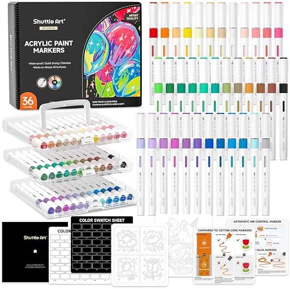 Shuttle Art Automatic Ink Control Acrylic Paint Markers, 36 Colors Brush Tip Acrylic Paint Pens for Rock Painting, Ceramic, Wood, Canvas, Glass, Stone, Fabric, Card, DIY Football Crafts - Product Image