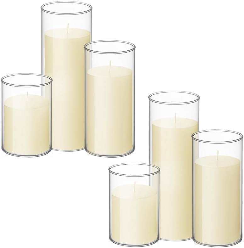 Shihanee Set of 6 Pillar Candles with Glass Cylinder Vases Clear Cylinder Hurricane Candleholders for Slim Tall Pillar Candles Wedding Table Centerpieces(3'' X 5.9", 7.9", 9.8",Ivory) - Product Image