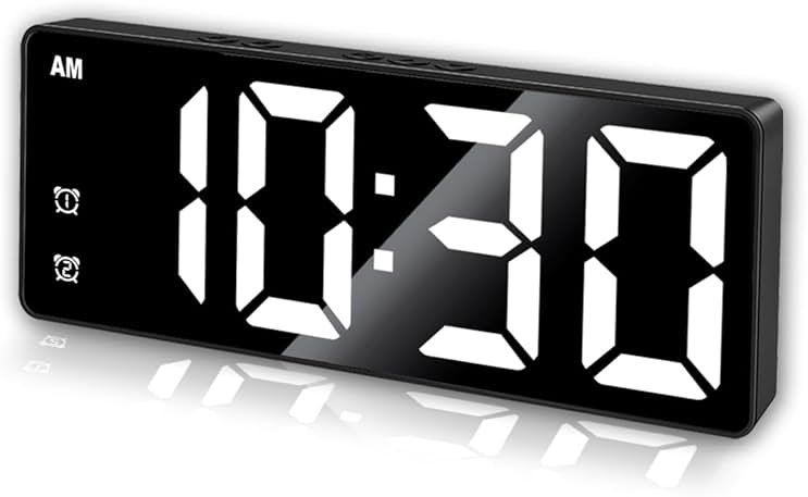 Königswerk Small Digital Alarm Clock, Mirror Surface LED Electronic Clocks with Large Display, Adjustable Brightness and Snooze Model for Bedroom, Desk, Office, Blackcase White Digit - Product Image