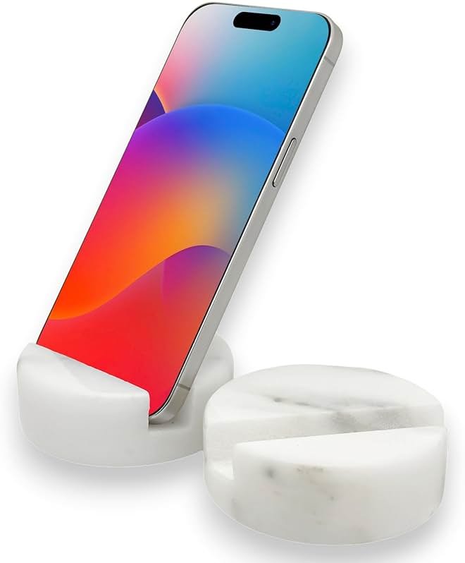 TransMarble Luxury Marble Cell Phone Stand Holder for Popular Smartphones (1 Pcs) - Real Solid Marble Mobile Phone Stands as Office Desk or Kitchen Countertop Decor (Starry White) - Product Image