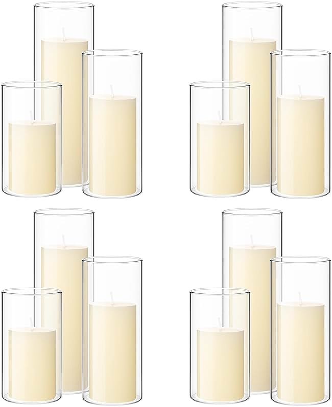 Shihanee Set of 12 Pillar Candles and Glass Cylinder Vases Clear Cylinder CandleHolders for Slim Pillar Candles Wedding Centerpieces(2.6''x 4.7'', 5.9'', 7.9'',Ivory White) - Product Image