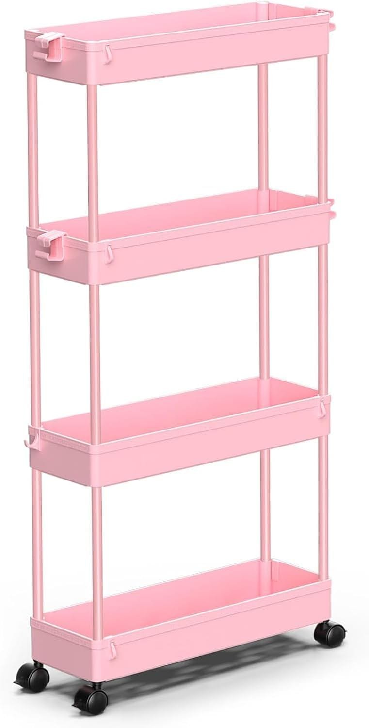 SPACEKEEPER Slim Rolling Storage Cart 4 Tier Bathroom Organizer Utility Cart Mobile Shelving Unit Tower Rack for Kitchen, Laundry Room, Bathroom, Narrow Places, Pink - Product Image