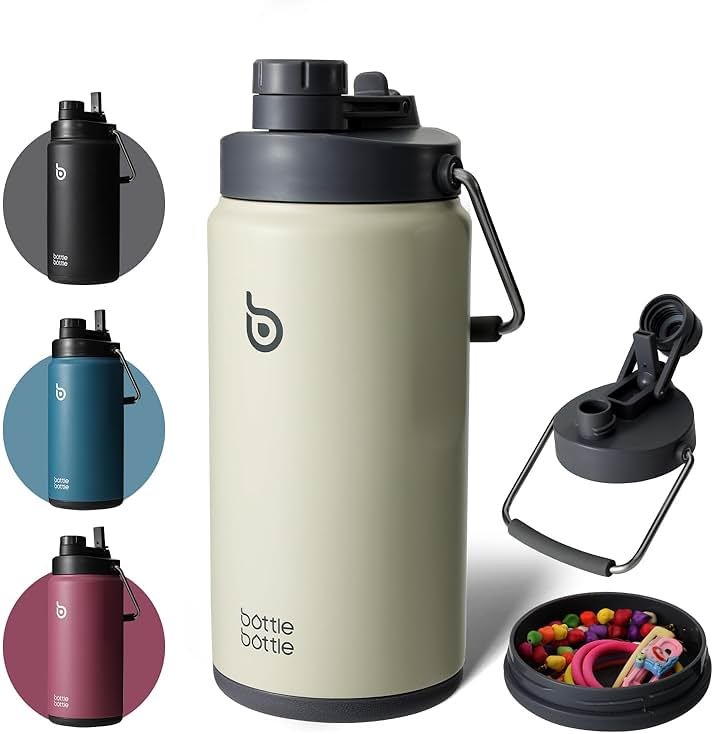 BOTTLE BOTTLE Insulated Water Bottle 64 oz with Straw and Dual-use Lid Half Gallon Water Jug Vacuum Stainless Steel for Workout Sports Insulated Beer Growler with Handle and Pills Holder Gray - Product Image