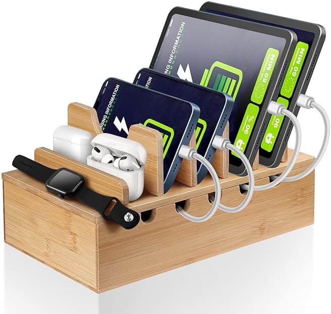 MINCORD Bamboo Charging Station for Multiple Devices, Cell Phone Docking Charging Station Organizer, Nightstand Bedside Desk Device Charger Organizer for Laptop, Tablets and iPads - Product Image