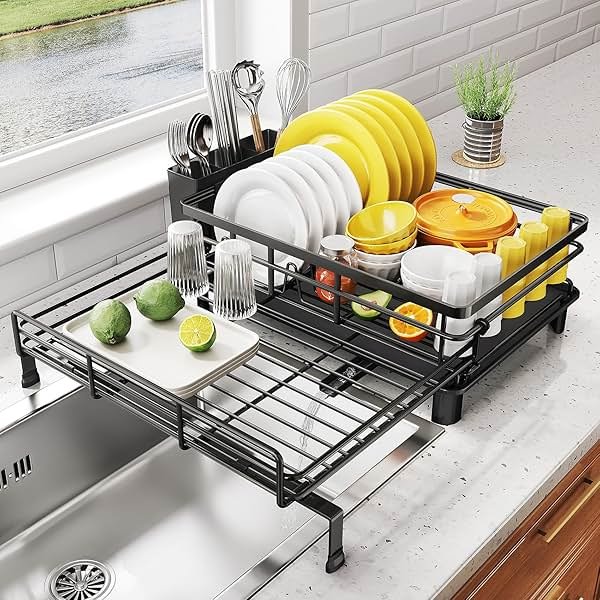 SNTD Dish Drying Rack - Extendable Dish Rack, Large Sink Drying Dish Drainer for Kitchen Counter, Stainless Steel Dish Strainer with Utensil Holder (Black) - Product Image