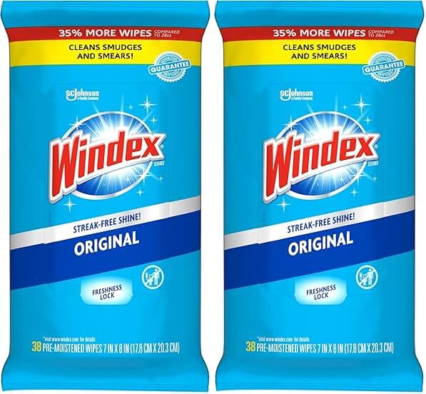 Windex Wipes Glass Cleaning, Pre-Moistened Glass and Surface Wipes to Clean Home Surfaces, Household Essentials, Original Scent, 38 Count (Pack of 2) - Product Image