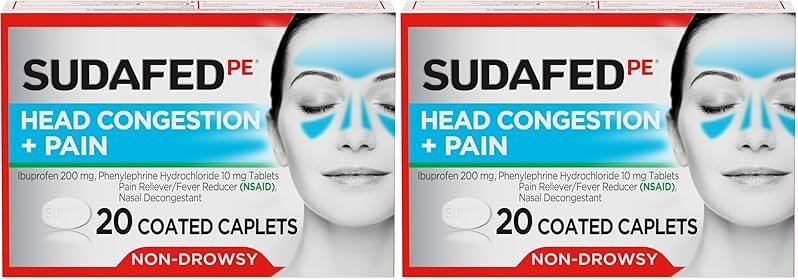 Sudafed PE Non-Drowsy Head Congestion + Pain Relief Caplets with Ibuprofen 200 mg & Phenylephrine HCl 10 mg, Nasal Decongestant & NSAID Pain Reliever & Fever Reducer, 20 ct (Pack of 2) - Product Image