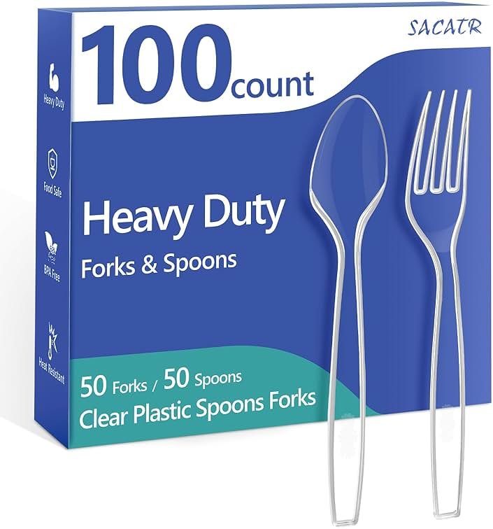 100 Count Plastic Silverware Heavy Duty -50 Forks, 50 Spoons, BPA-Free, Heat Resistant, Disposable Plastic Utensils Set, Plastic Cutlery Set, Plasticware Suitable for Party Everyday Use - Product Image