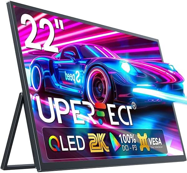 UPERFECT Portable Monitor, 22" 2K QLED 100% DCI-P3 2560×1440 QHD FreeSync HDR Laptop Monitor, w/VESA, Stand, USB-C Mini HDMI Travel Second Monitor for Computer, Phone, Mini PC, Gaming Consoles - Product Image
