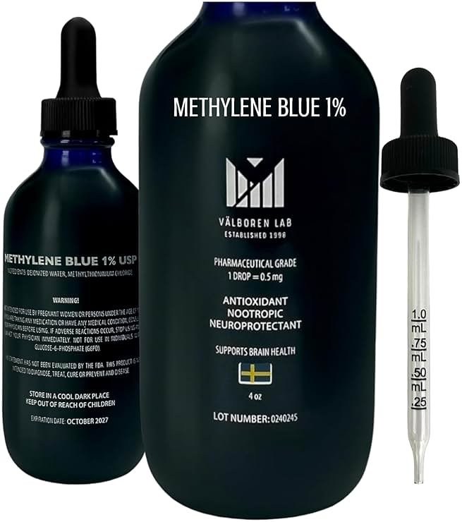Valboren Labs Methylene Blue Pharmaceutical Grade 4oz - Made in USA - Third Party Tested - Dietary Supplement - Formaldehyde & Alcohol-Free - Methane Blue for Humans 1% Drops (118ML Bottle) - Product Image