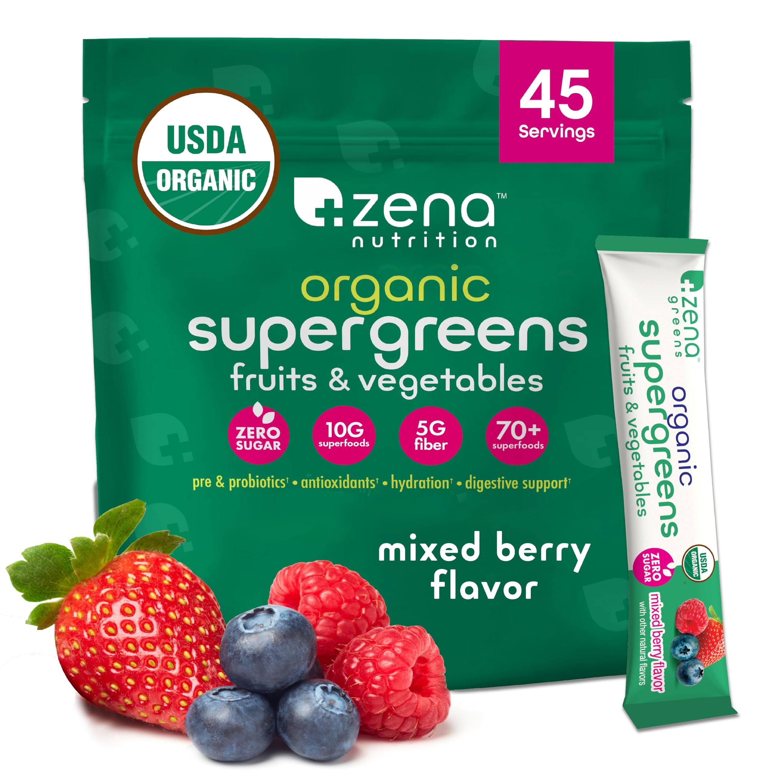Zena Nutrition Organic Super Greens Powder, 70+ Superfoods, 0 Sugar, 5G Fiber, Spirulina, Chlorella, Antioxidants, Prebiotics/Probiotics, Digestive Enzymes, Mixed Berry, 45 Drink Mix Packets - Product Image