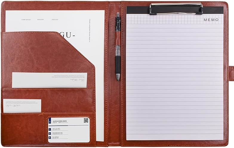 VANRA Padfolio Clipboard Folder Leather Portfolio Binder Organizer Interview Resume Folder for Papers Legal Document A4 Letter Size Writing Pad Notepad Clip Boards with Business Card Holder (Brown) - Product Image
