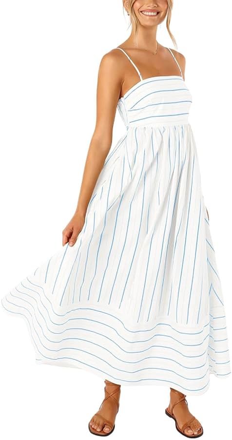 chouyatou Women's Striped Back Smocked Maxi Dress Sexy Spaghetti Strap Cut Out Flowy Swing Long Dress - Product Image