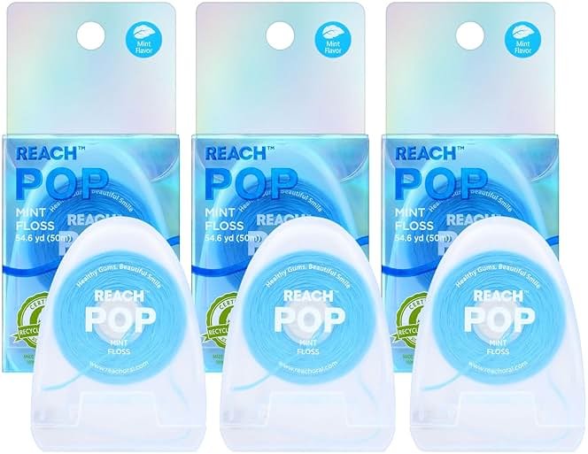 REACH POP Dental Floss, Mint, Plaque Remover for Teeth, Shred Resistant, Vegan Wax, Cruelty Free, Eco Friendly Packaging, Oral Care, PFAS Free, for Adults & Kids, 3 Pack, 54.6 yd - Product Image