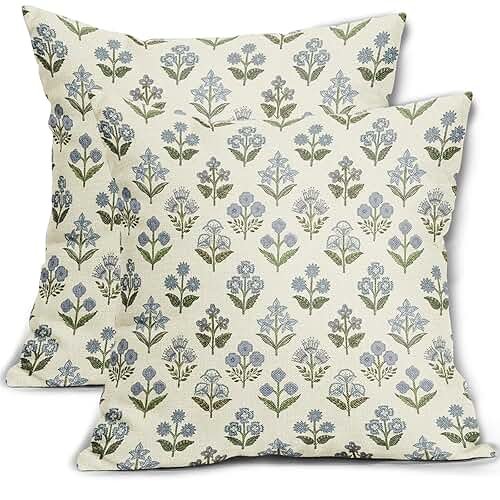 Sivirary Blue Green Block Print Pillow Covers 18x18 Inch Set of 2, Vintage Floral Spring Decorative Throw Pillow Cases Boho Cushion Covers Rustic Decoration Gift Farmhouse Sofa Couch Bed Decor - Product Image