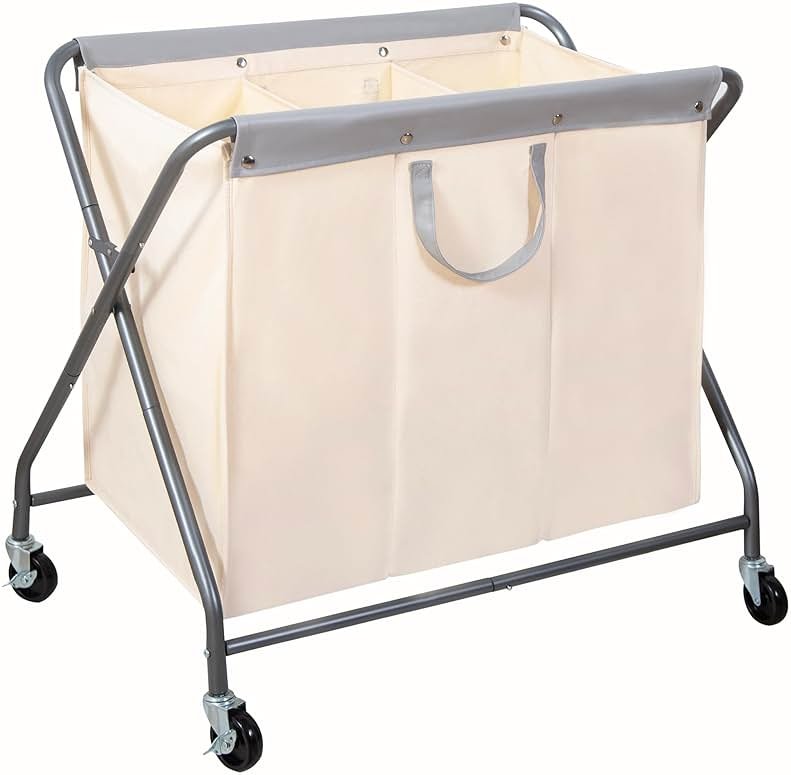 STORAGE MANIAC 160L Collapsible Laundry Hamper with Wheels, Rolling Laundry Basket, Heavy Duty Cloth Sorter with Removable Bag, Folding X Frame Clothes Organizer Cart for Easy to Store, 3 Section - Product Image