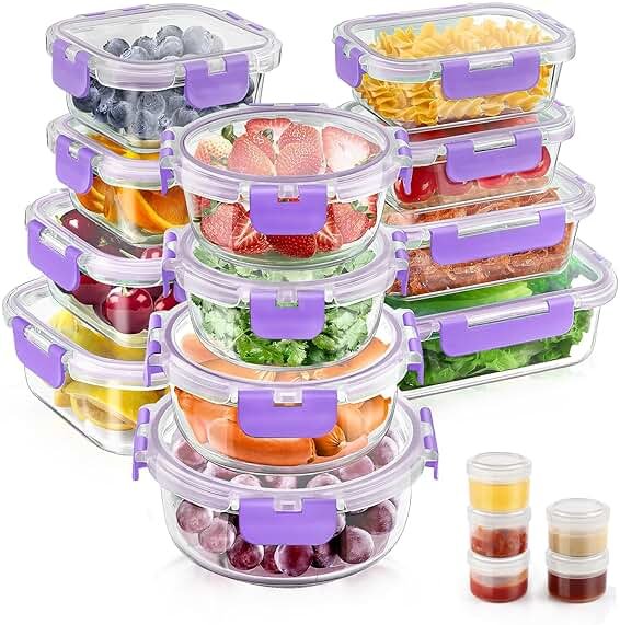 34pcs Glass Food Storage Containers with Lids Set, Airtight Glass Meal Prep Containers (17 Containers & 17 Lids), Leak Proof Lunch Container BPA-Free, Microwave, Oven, Freezer, Dishwasher Safe-Purple - Product Image