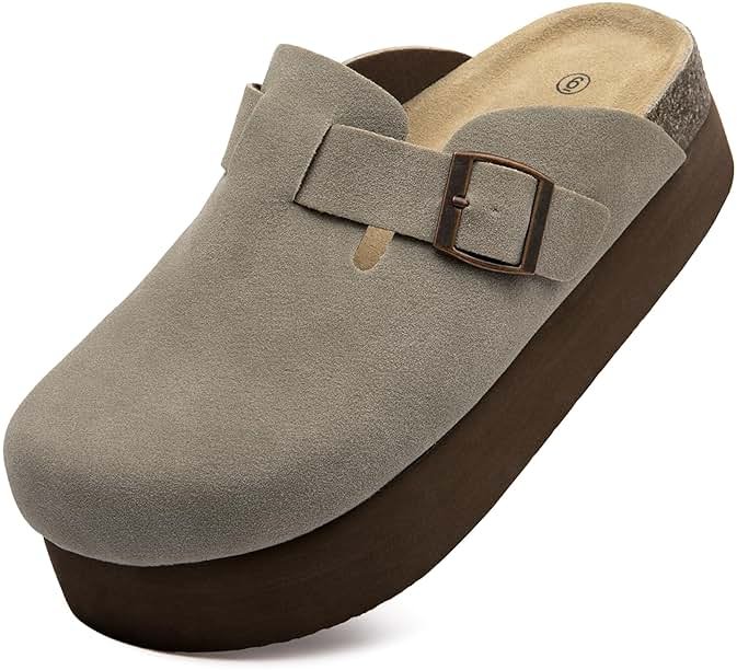 Vayfio Women's Suede Clogs Cork Footbed Sandals Comfort Platform Mules with Arch Support Adjustable Buckle Slip On Slippers - Product Image