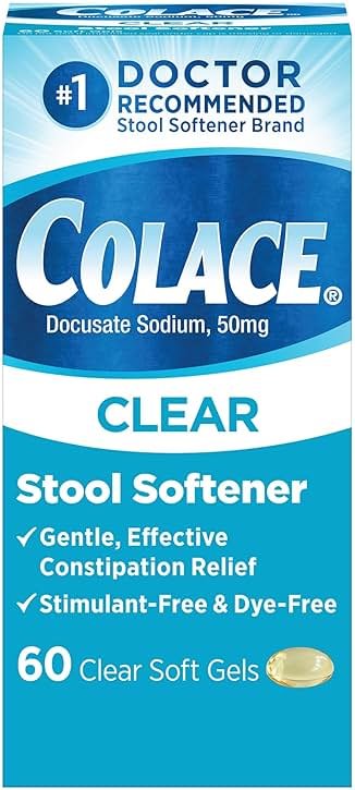 Colace Clear Stool Softener Soft Gel Capsules, 60 Count, Constipation Relief, 50 mg Docusate Sodium, Doctor Recommended - Product Image