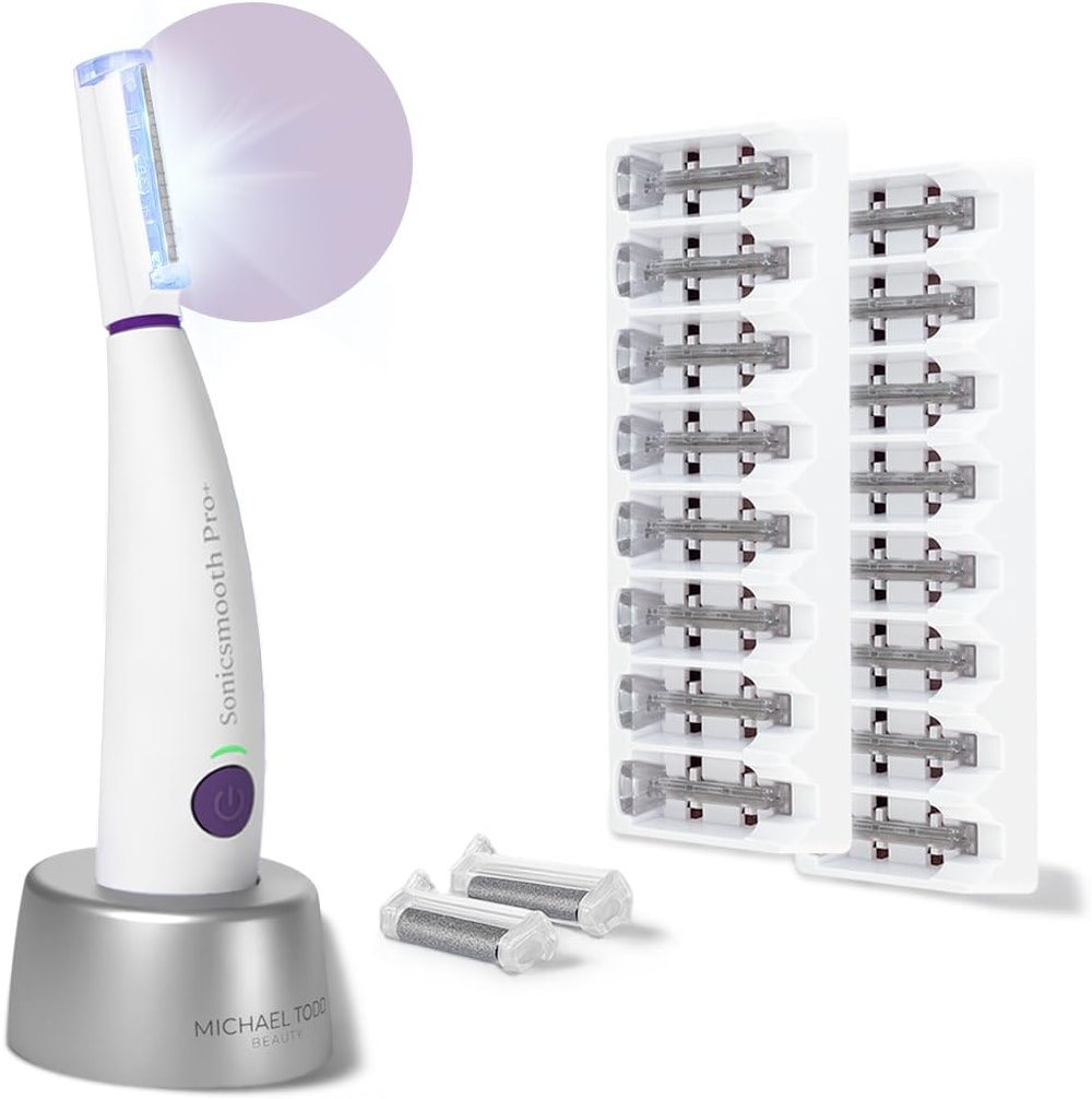Michael Todd Beauty Sonicsmooth Pro+ Dermaplane Razor for Women Face + Eyebrow Trimmer Dermaplaning System w/LED Light Peach Fuzz Remover -16 Dermaplaning Blades & 2 Microsmooth Exfoliation Tips - Product Image