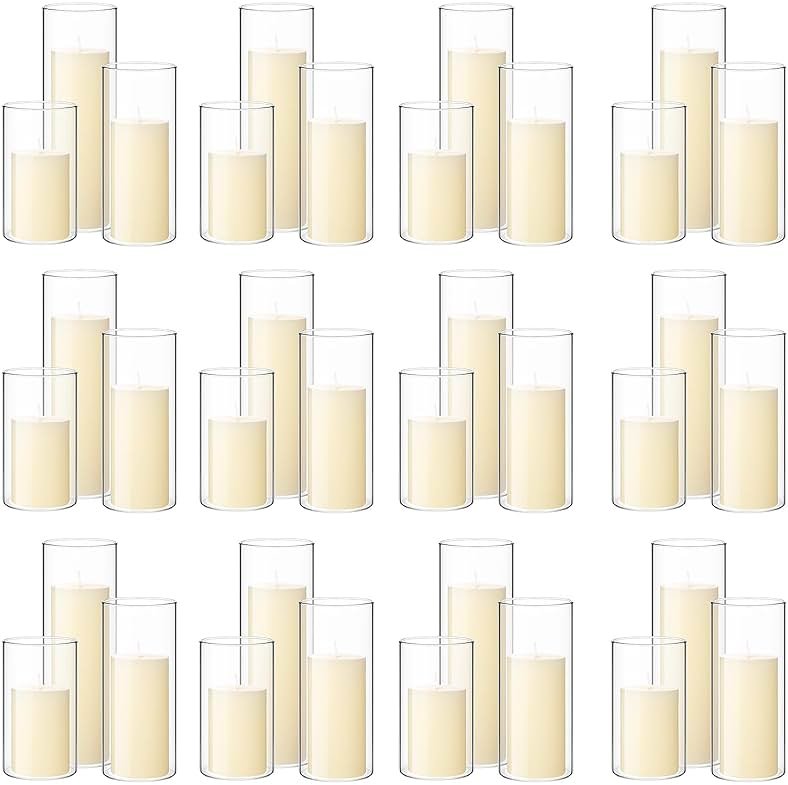 Shihanee Set of 36 Pillar Candles and Glass Cylinder Vases Clear Cylinder Holders for Slim Pillar Candles Wedding Centerpieces(2.6'' X 4.7'', 5.9'', 7.9'',Ivory White) - Product Image