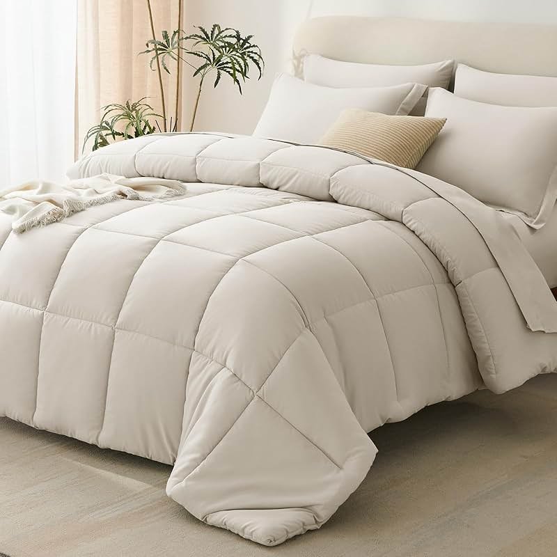 CozyLux Queen Comforter Set Beige - 7 Pieces Bed in a Bag Queen, Oeko-Tex Certified Bedding Set, All Season Soft Bed Set with Down Alternative Comforter, Sheets, Pillowcases & Shams - Product Image