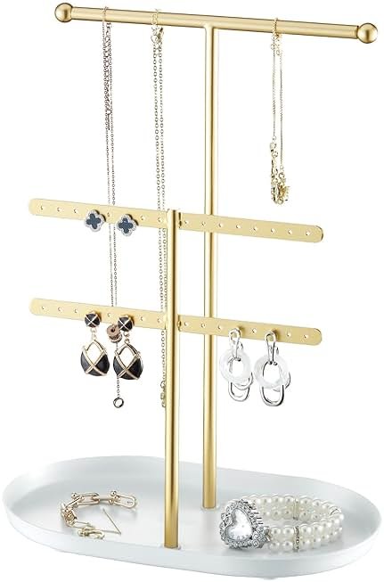 Saydear Elegant Jewelry holder Organizer 2-Tier Display Storage Stand for Earrings Necklaces with Ring Tray Spacious and Durable, Easy to Assemble White & Gold - Product Image