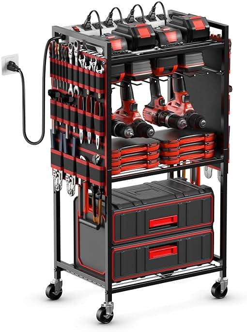 JUNNUJ Large Power Tool Organizer Cart with Charging Station, Garage Floor Standing Rolling Drill and Tools Battery Storage Cart on Wheels, Heavy Duty Utility Rack Shelf with 8 Outlet Power Strip, Red - Product Image