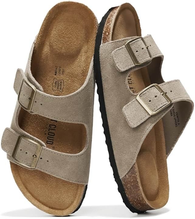 Project Cloud 100% Genuine Leather Flat Sandals For Women 2026 Cork Footbed Womens Sandals with Memory Foam and arch support Vacation Essentials Slides for Women Footwear (Venita) - Product Image
