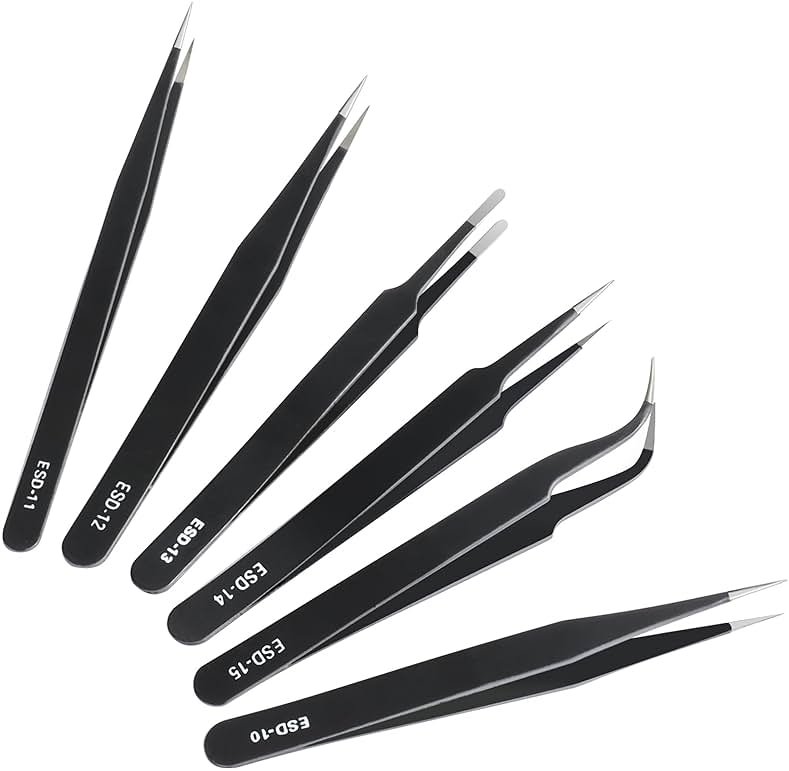 CHERALKEST 6 Pcs Precision Tweezers Set, Premium Anti-Static Stainless Steel Tweezer, ESD Curved of Tweezers for Electronics, Craft, Laboratory Work, Jewelry-Making, etc - Product Image