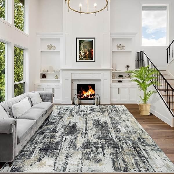 6x9 Area Rugs Washable Rug: Large Modern Abstract Living Room Rug Soft Anti-Skid Thin Carpet Indoor Floor Non-Shedding Carpets for Bedroom Dining Room Farmhouse Nursery Home Office Black Grey Gold - Product Image