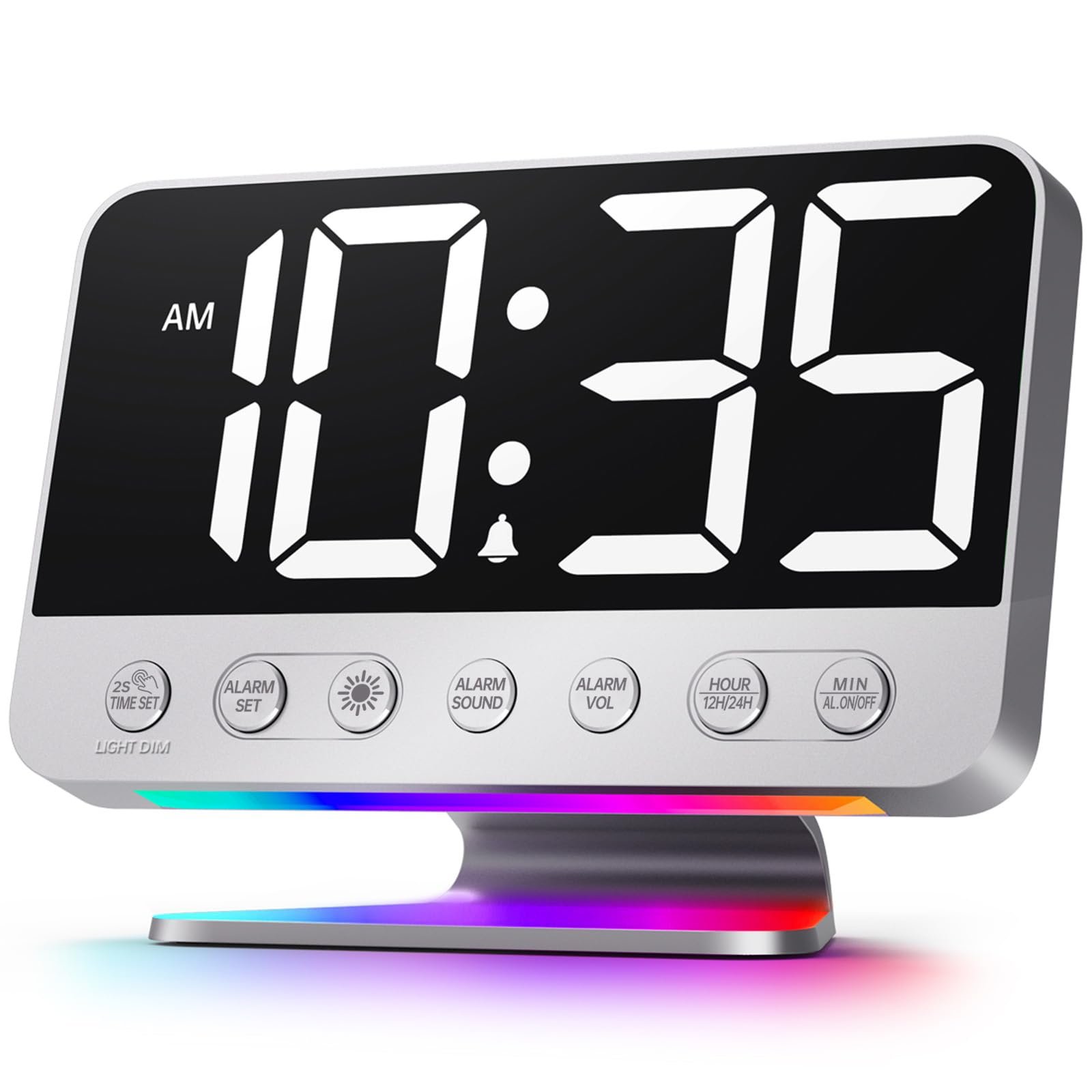 Odokee Digital Alarm Clocks for Bedrooms: Large Bold Number 5 Brightness Dimmer - Easy to Read Across The Room - 5 Alarm Sound 8 Night Light - Silver - Product Image