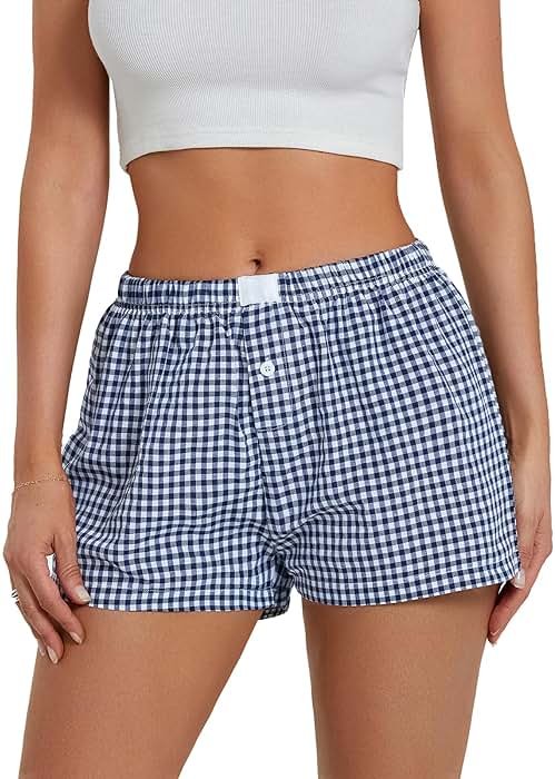 Boxer Shorts Y2k Women Plaid Gingham Low Elastic Waist Pajamas Lounge Sleep Pj Checkered Micro Short Pants Bottoms - Product Image