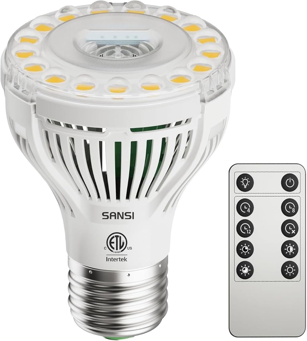 SANSI Dimmable Grow Light Bulb, Full Spectrum with Remote Control, Auto On Off Timing 4 8 12 Hrs, 5W PAR20 (75 Watt Equiv) Grow Lamp with Optical Lens for High PPFD, Energy Saving for Indoor Plants - Product Image