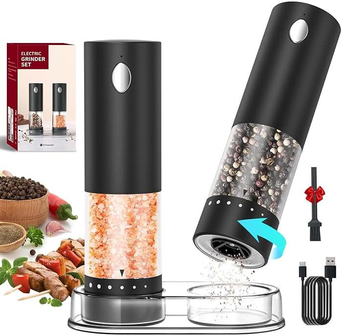 CIRCLE JOY Electric Salt and Pepper Grinder Set Rechargeable Salt and Pepper Mills with 6-Level External Adjustable Coarseness, White LED Light and Storage Base, Black - Product Image