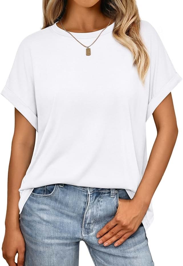 AUTOMET Women's Oversized Short Sleeve T-Shirt, Casual Drop Shoulder Top with Roll-Up Cuff Sleeves for Summer - Product Image