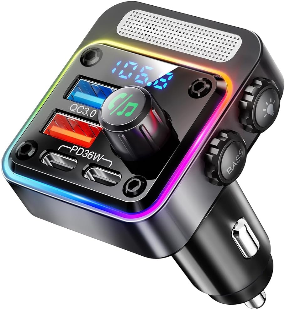 Nulaxy 54W Bluetooth 5.3 Car Adapter Charger 4-Port Fast Charging [PD36W & QC3.0 18W], Wireless Radio FM Transmitter with Deep Bass Player, 5 Colors LED Backlit, Hands-Free Calling, Support USB Drive - Product Image